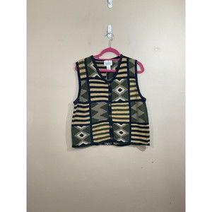 VTG Womens Striped Geometric Print Sweater Vest L Blue Green 90s Wooden Buttons